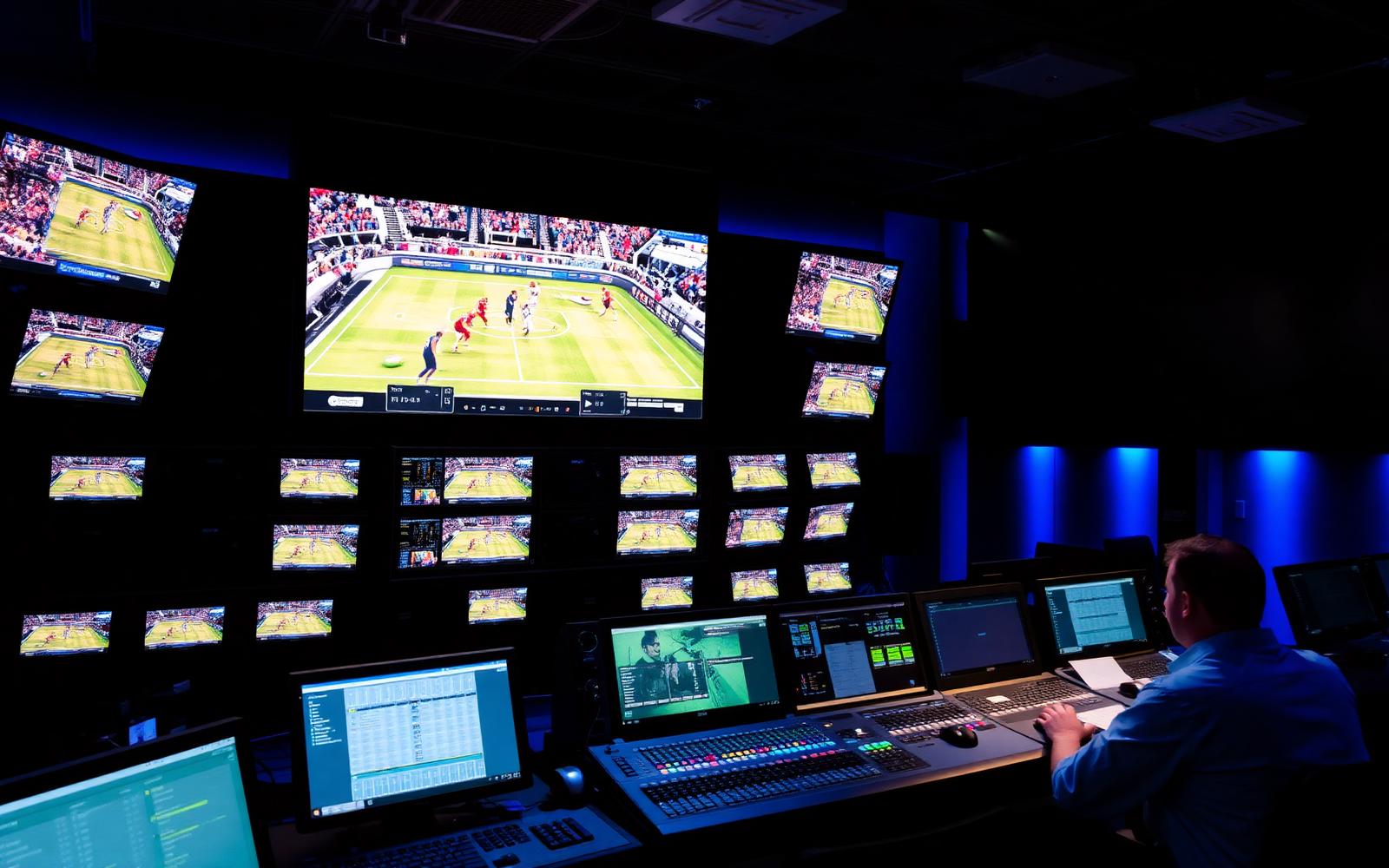 Sports broadcast production control room with a wall of match monitors