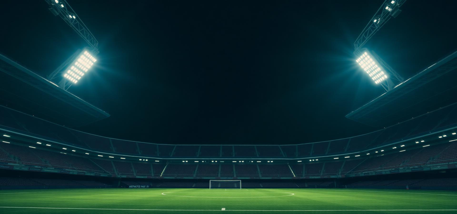 Floodlit stadium at night with an empty pitch