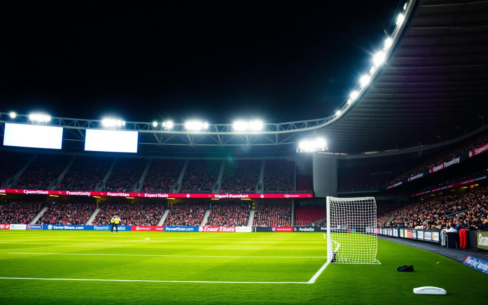 Sponsor branding boards beside a floodlit pitch at night